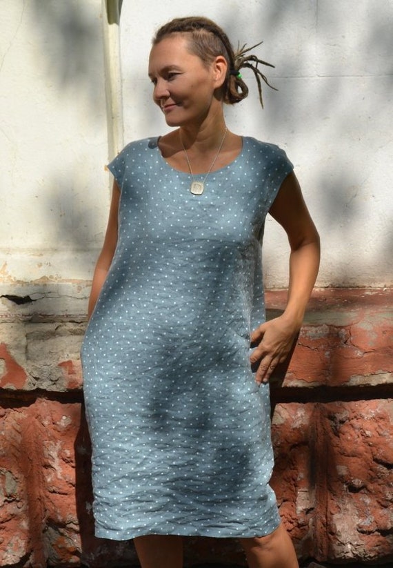 Italian Linen Dress.blue With Polka Dots.soft Linen Dress. 