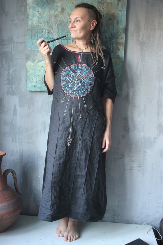 Full moon.Embroidered linen dress.Linen boho designer dress.