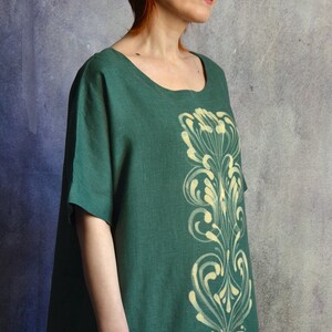 Linen dress with flowers.Emerald linen dress.Linen boho designer dress. zdjęcie 5