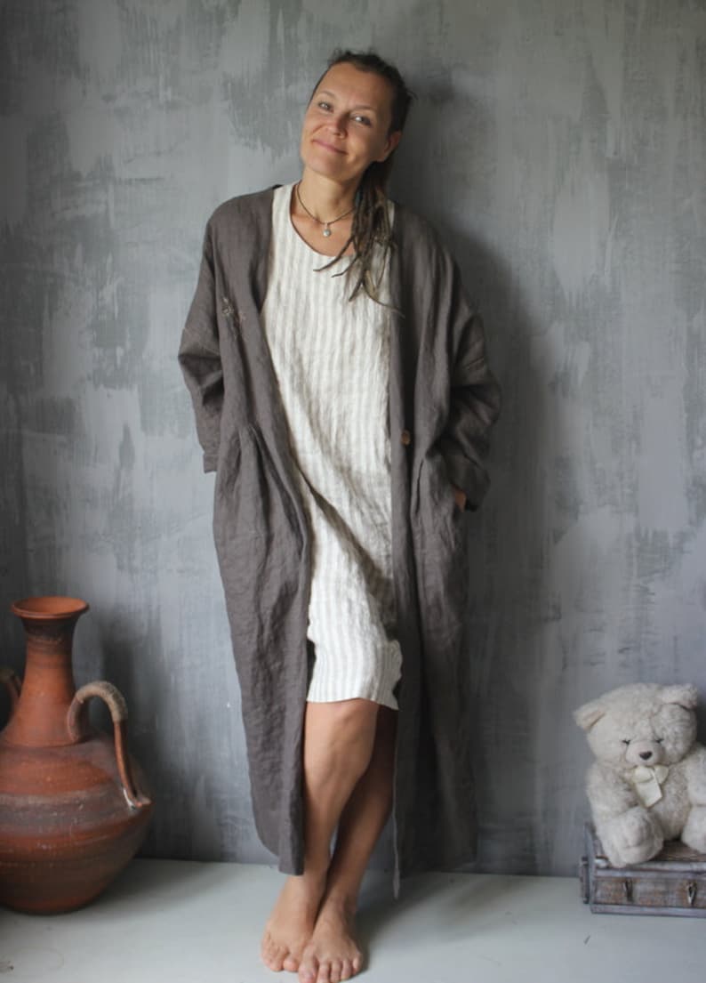 Linen boho coat.Coffee color.Embroidered coat.Linen cardigan.More color