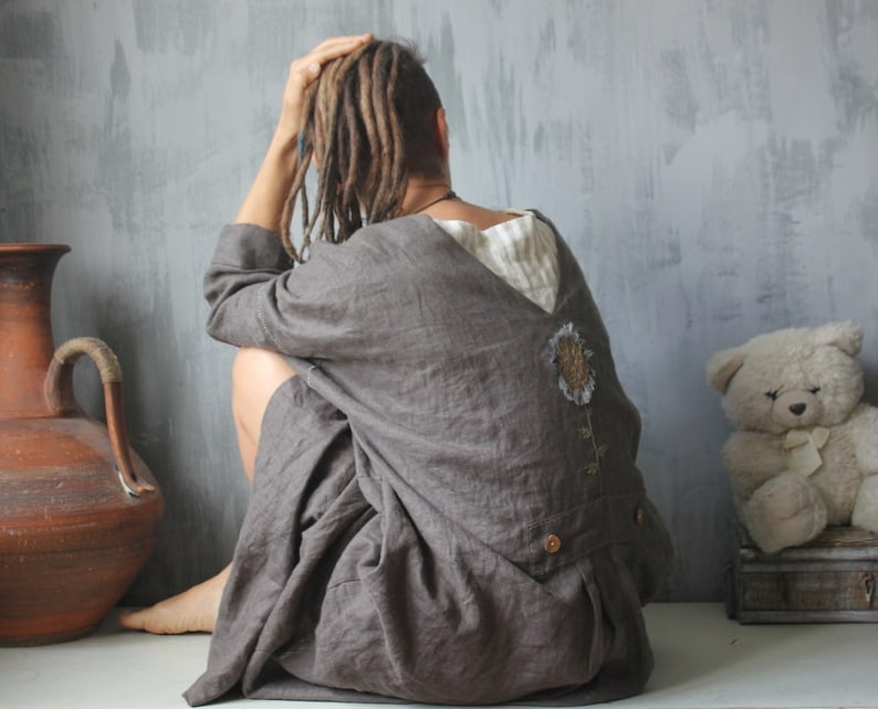 Linen boho coat.Coffee color.Embroidered coat.Linen cardigan.More color