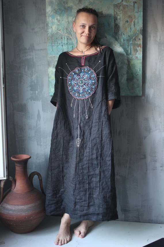 moon embroidered dress Hand-embroidered Moon Mandala Maxi Dress | Boho Wedding Guest Dress in  Ethical Eco-linen | Celestial Folk Art