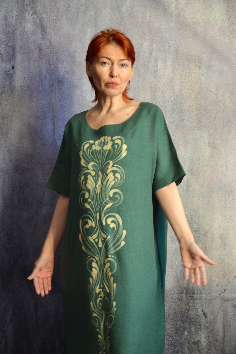 Linen dress with flowers.Emerald linen dress.Linen boho designer dress. zdjęcie 3