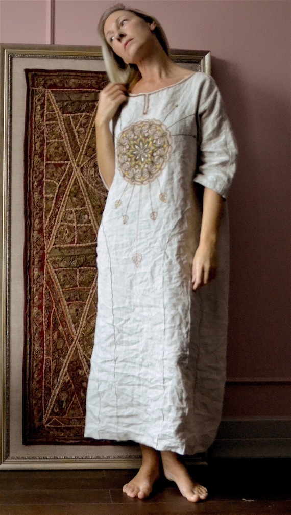 Winter Moon.Embroidered Linen Dress.Linen Boho Designer Dress.Linen Long Dress.