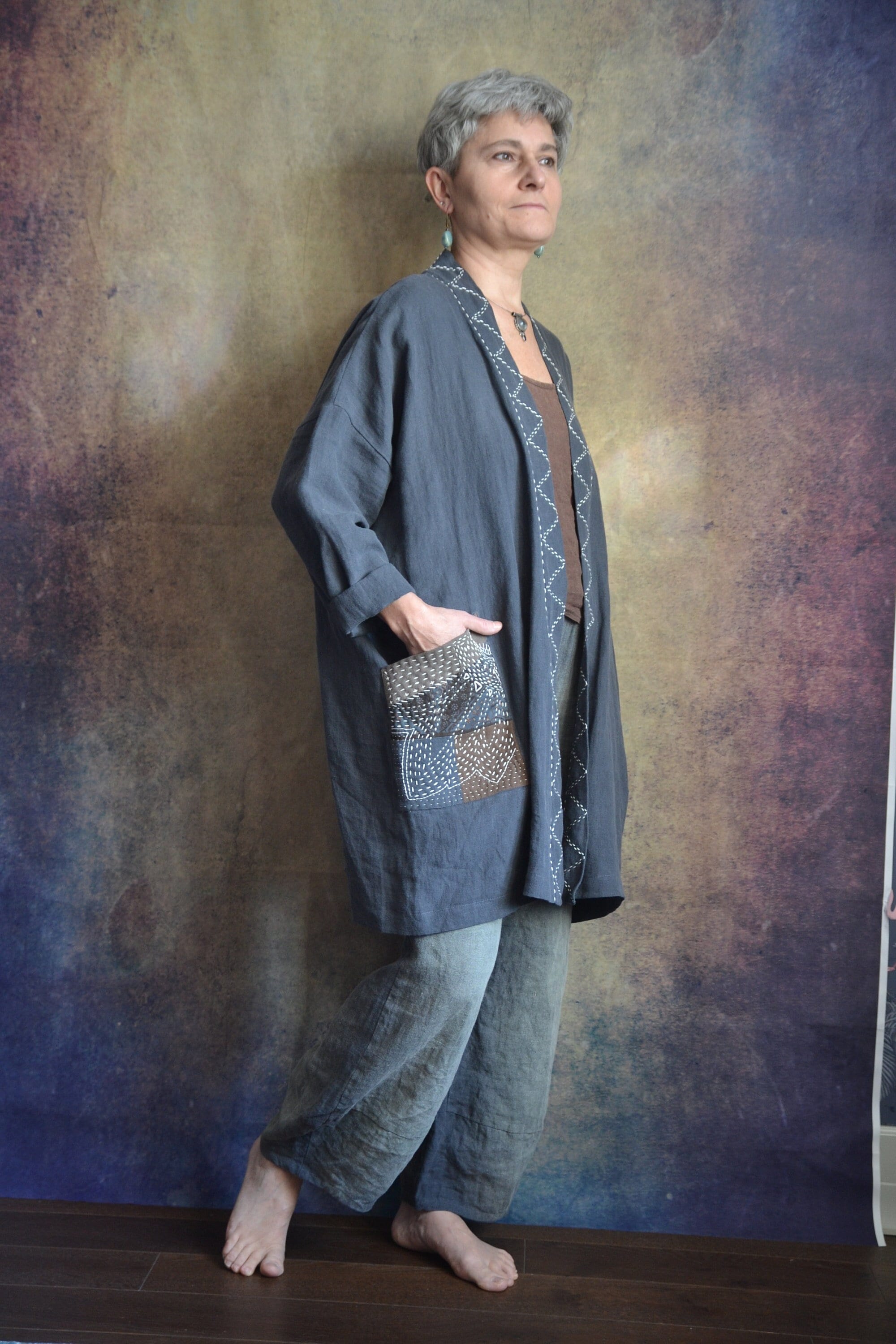 Japanese Collection. Linen Cardigan in Sashiko Style.embroidered