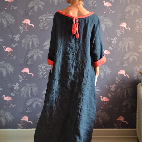 Linen Dress. Dark Blue With Red Ribbon.custom Size and Length Etsy