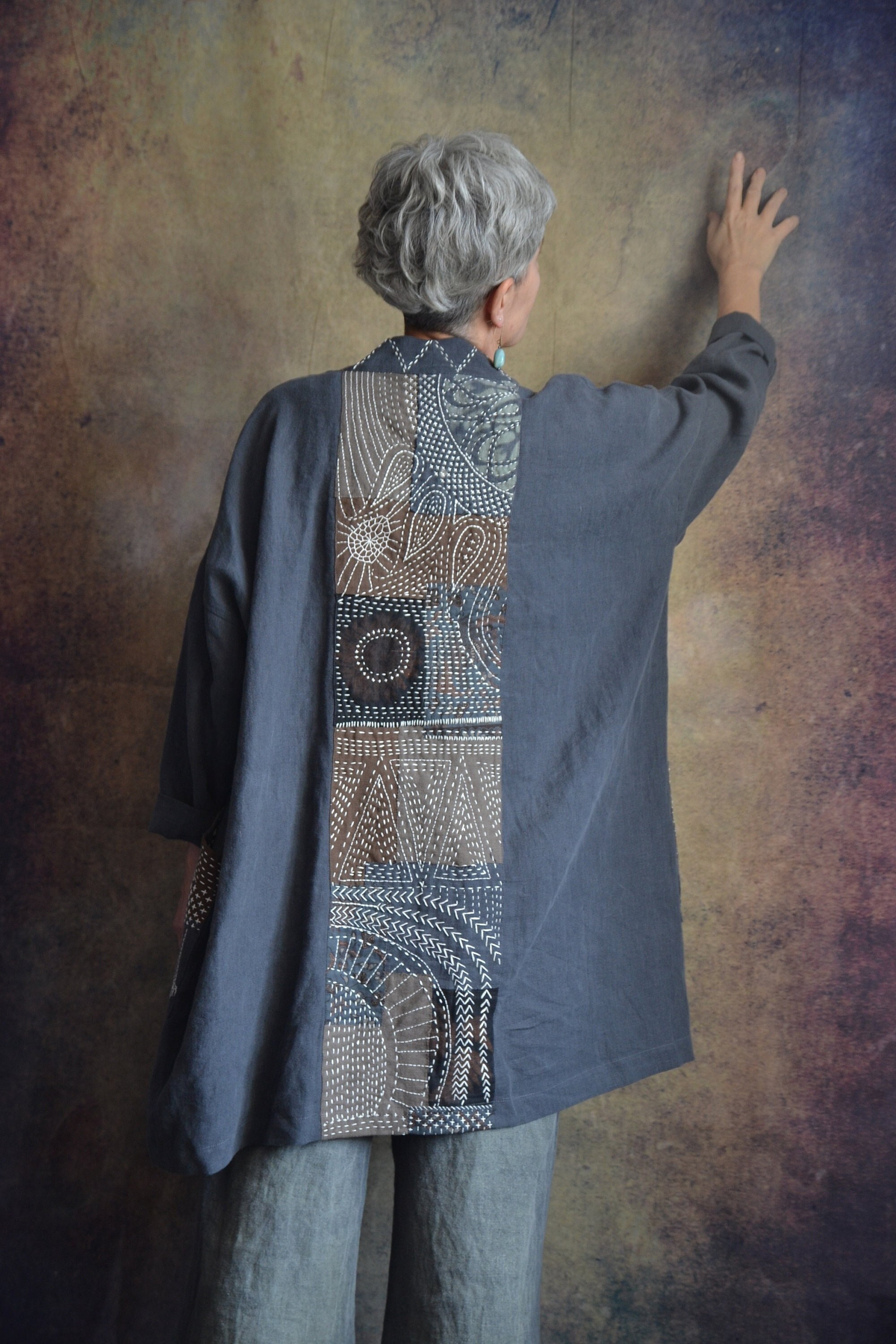 Japanese Collection. Linen Cardigan in Sashiko Style.embroidered