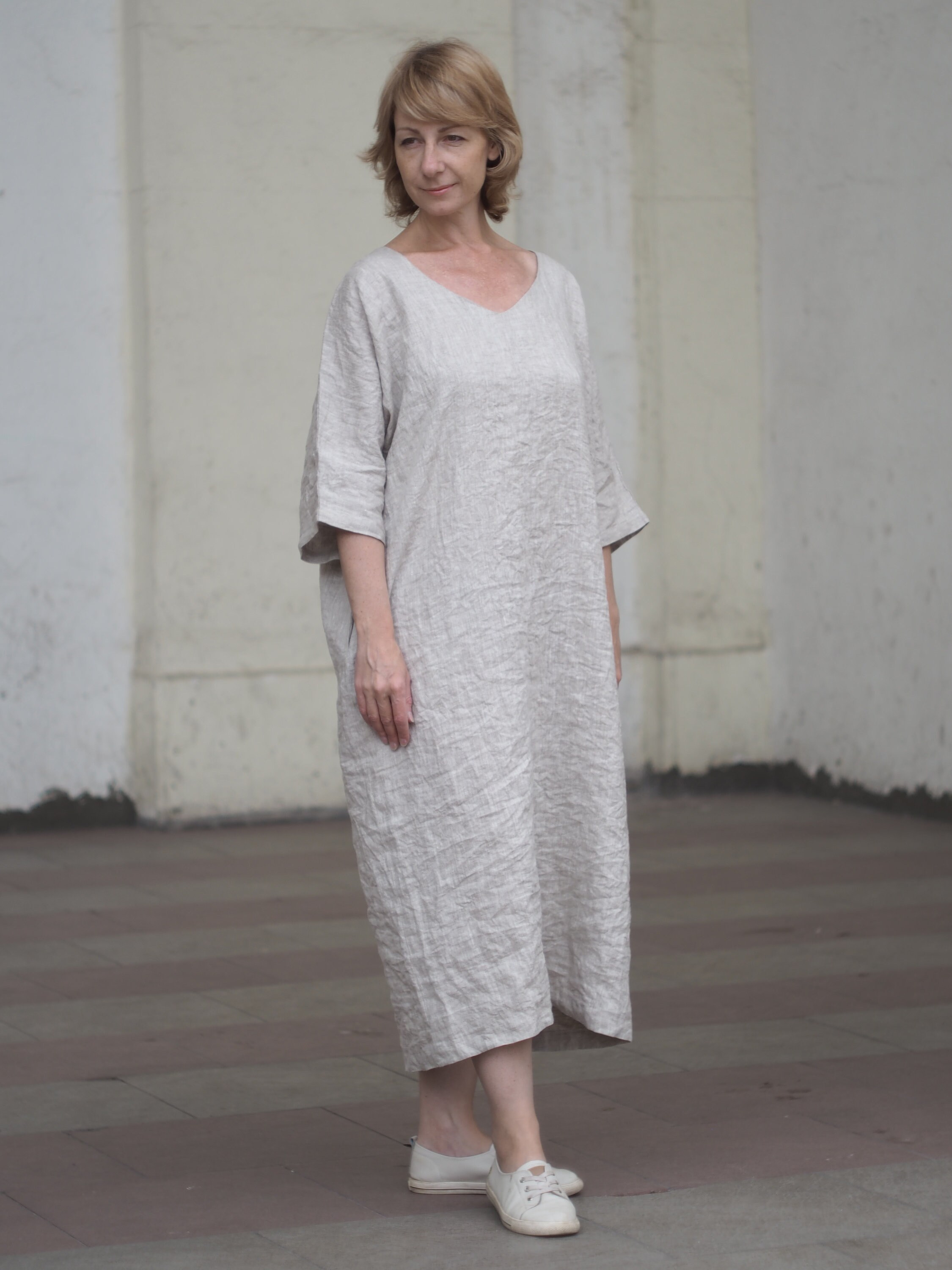 Loose Linen Dress.dark Gray Color.custom Length.maxi Linen