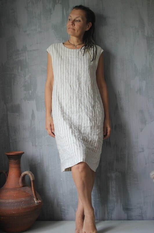 Italian Linen Dress.natural Stripes.boho Linen Dress.custom - Etsy