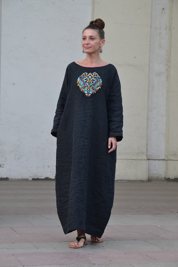 handcrafted black maxi dress Little Black Dress Thread Embroidery Maxi by Maxim Creation M / 56 Inches / Matching Embroidered Scarf (24 X 71 Inches)