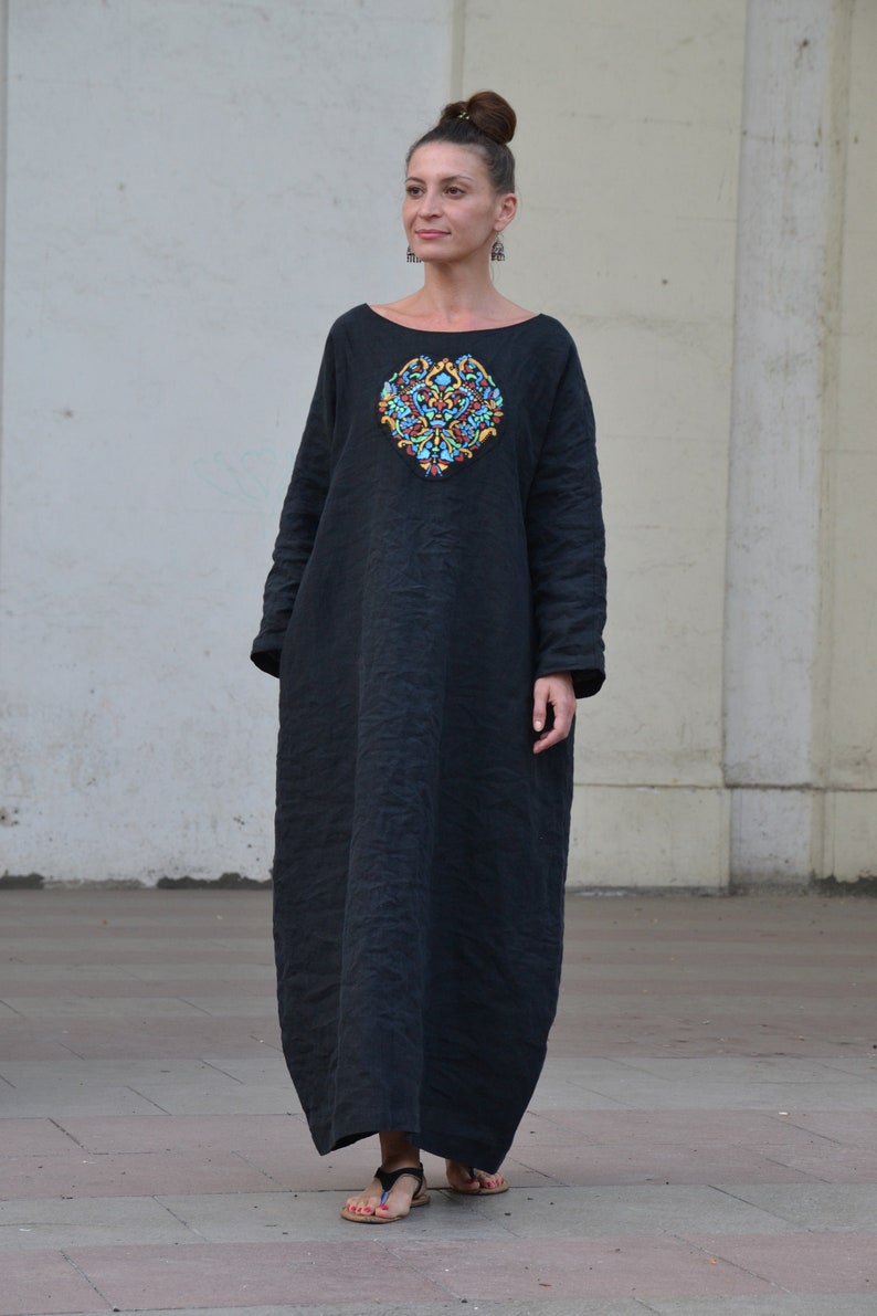 Moroccan dress.Embroidered linen dress.Linen boho designer dress. image 2