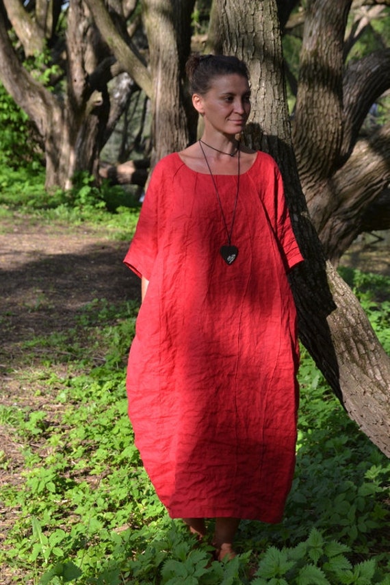 Loose Linen Dress With Folds.bright Red Color.plus Size Linen Dress.more  Color - Etsy