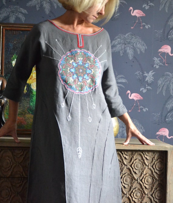 Embroidered Linen Dress: Dark Grey Boho Designer Gown