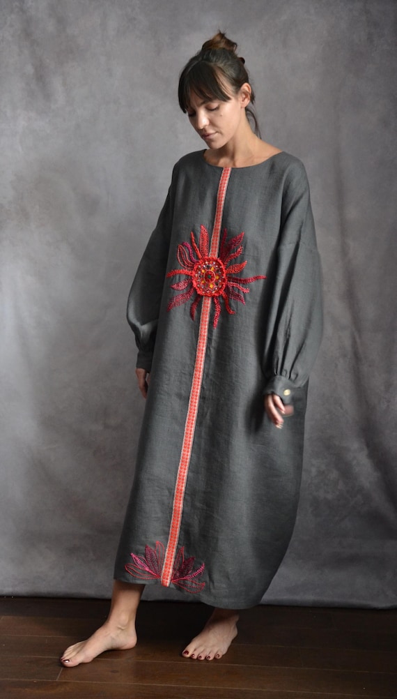 Sun. Linen Designer Dress with Hand Embroidery.Hand Embroidered Linen Dress.Bohemian Dress.Custom Length Sun. Linen Designer Dress with Hand Embroidery.Hand Embroidered Linen Dress.Bohemian Dress.Custom Length