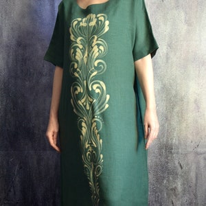 Linen dress with flowers.Emerald linen dress.Linen boho designer dress. zdjęcie 4