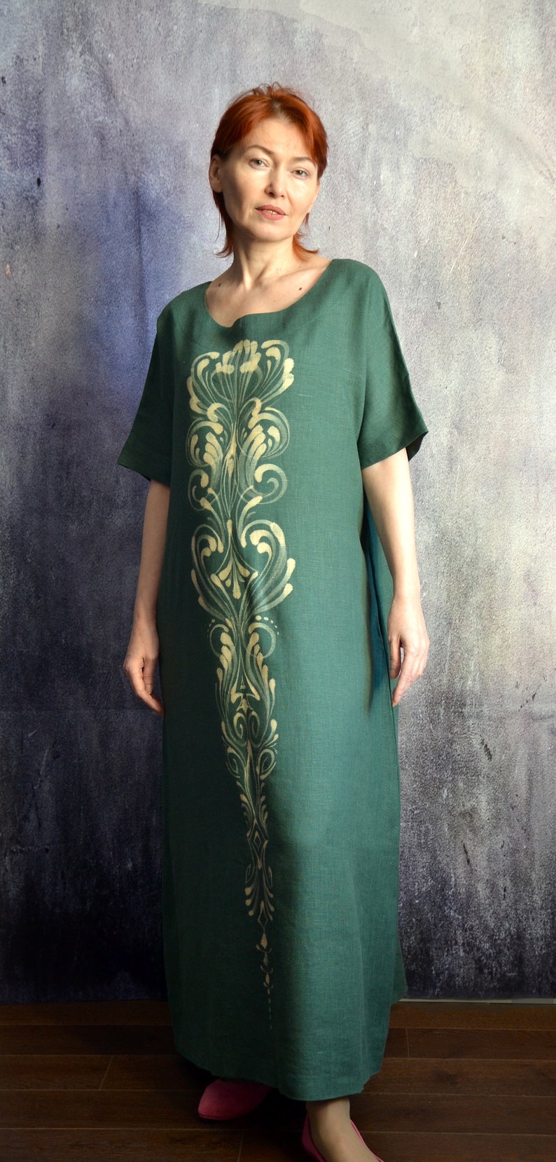 Linen dress with flowers.Emerald linen dress.Linen boho designer dress. zdjęcie 4