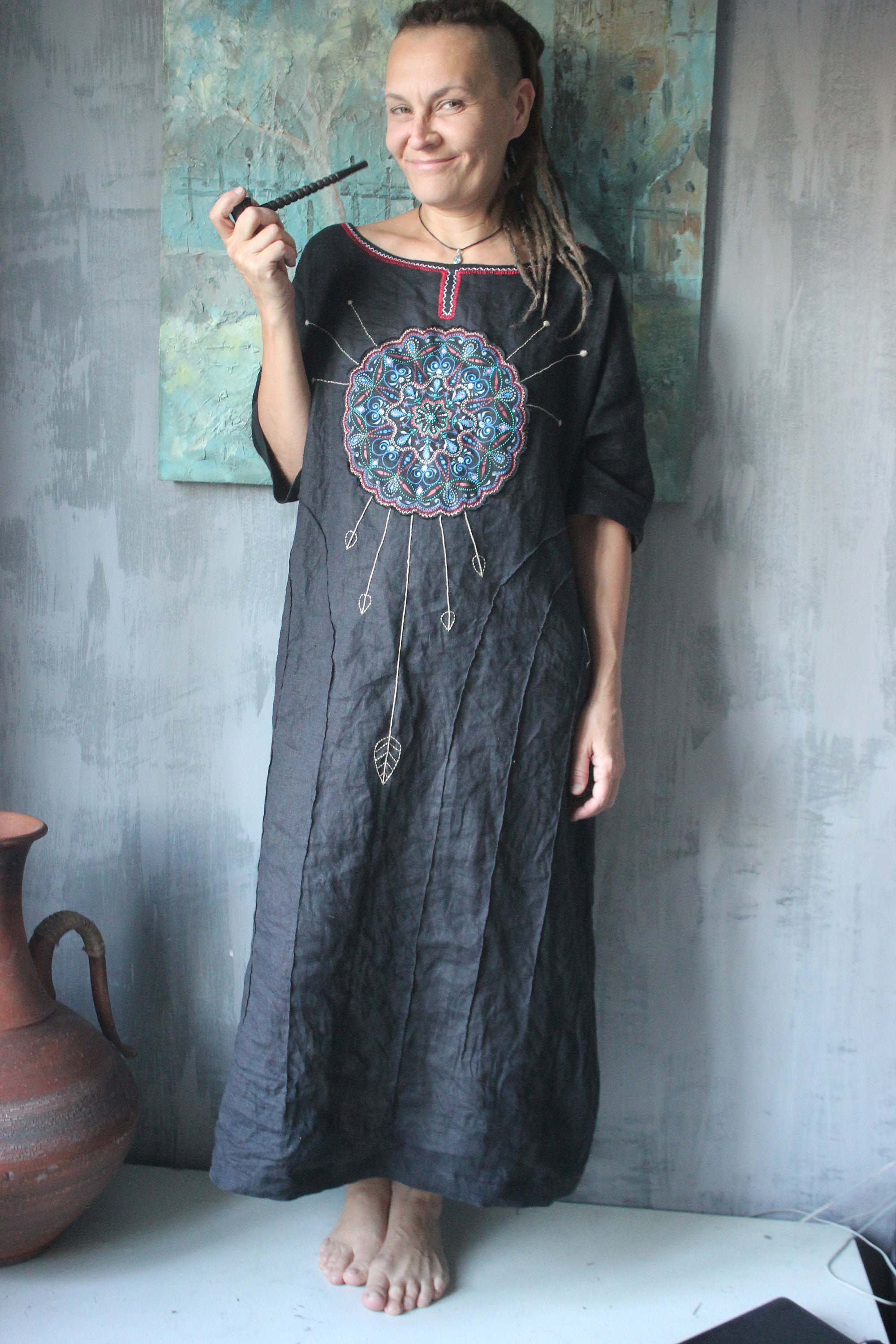 Full moon.Embroidered linen dress.Linen boho designer dress.