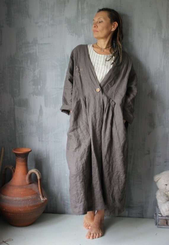 Linen boho coat.Coffee color.Embroidered coat.Linen | Etsy