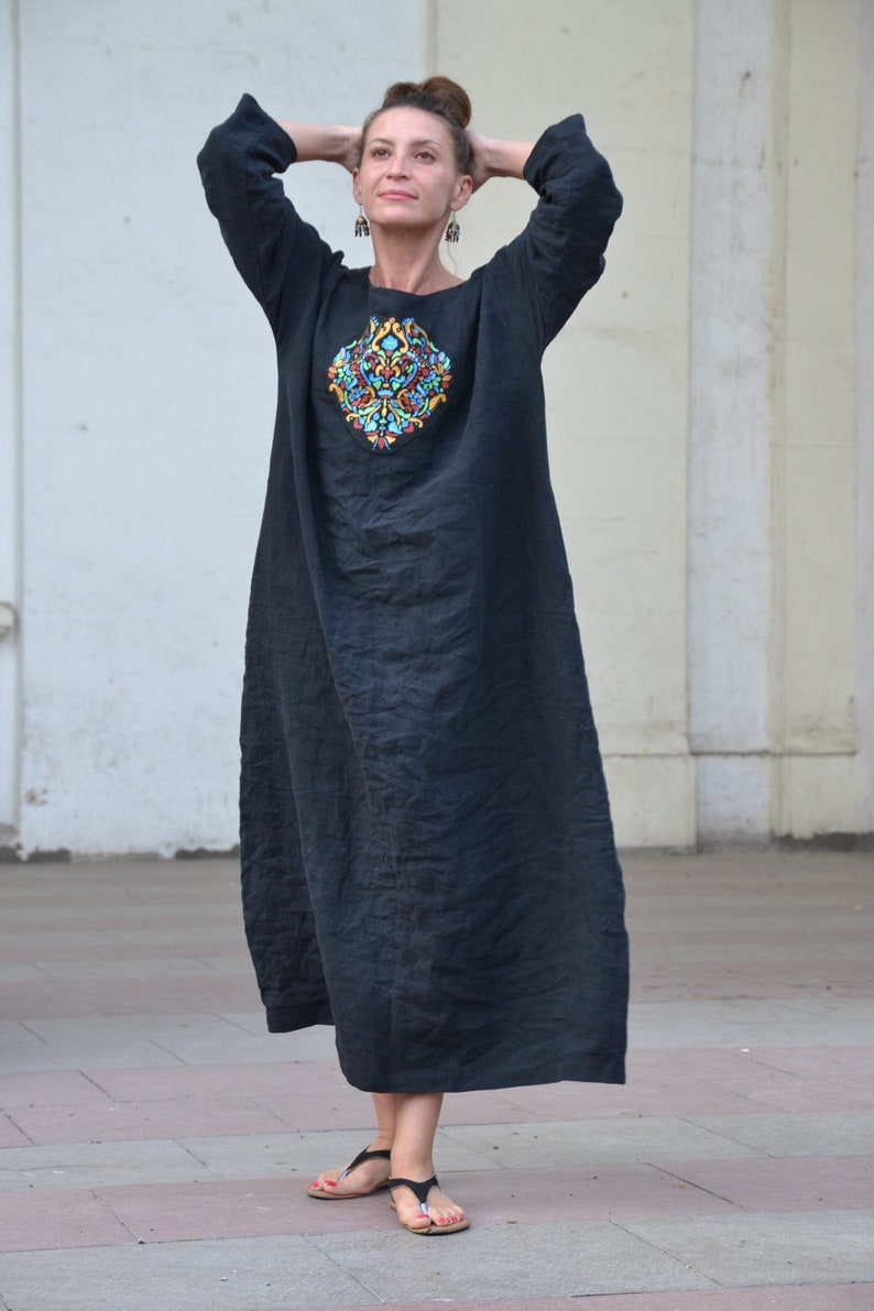 Moroccan dress.Embroidered linen dress.Linen boho designer dress. image 1
