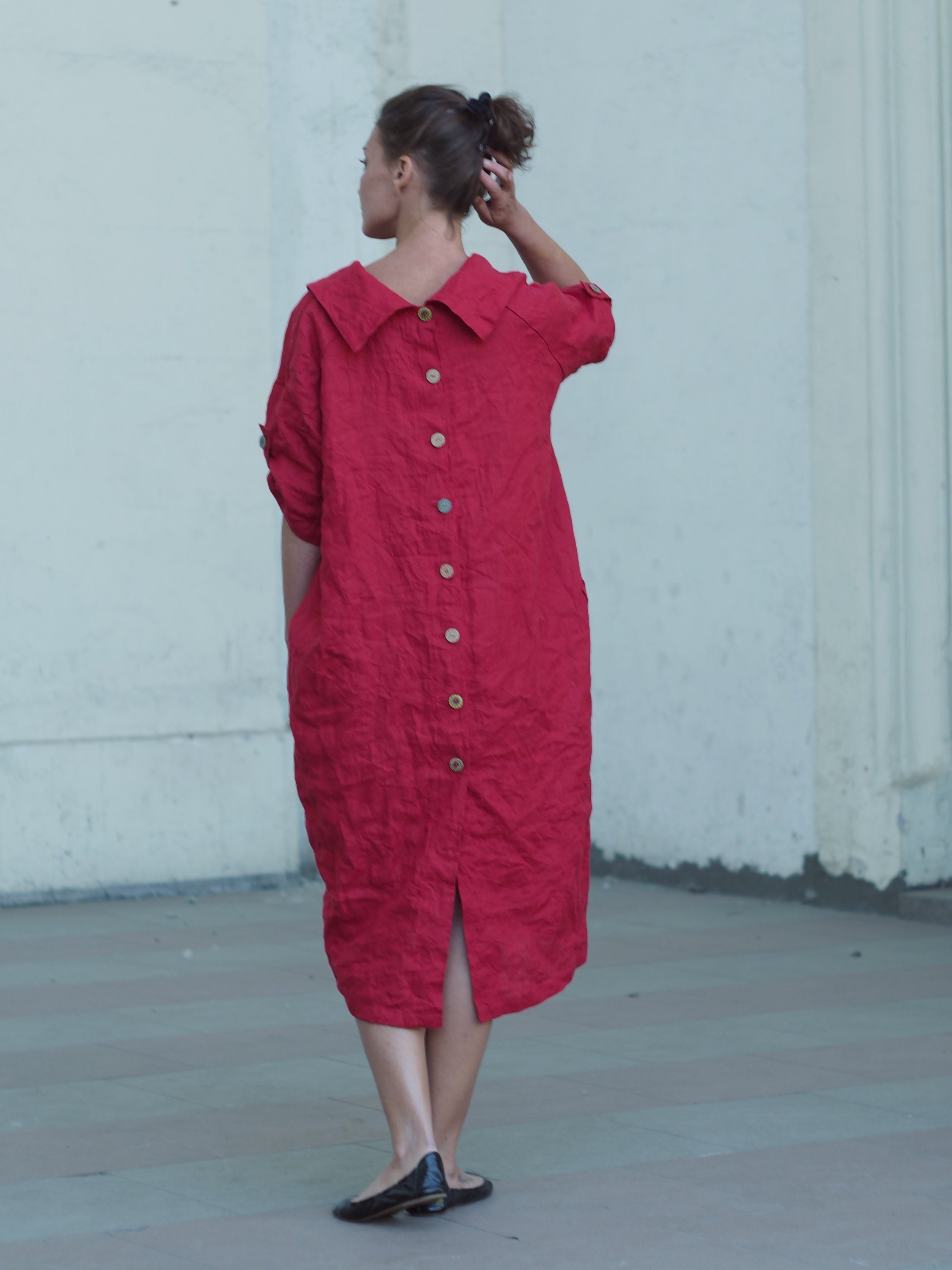 French linen dress.Red tomato color.Boho linen dress with buttons
