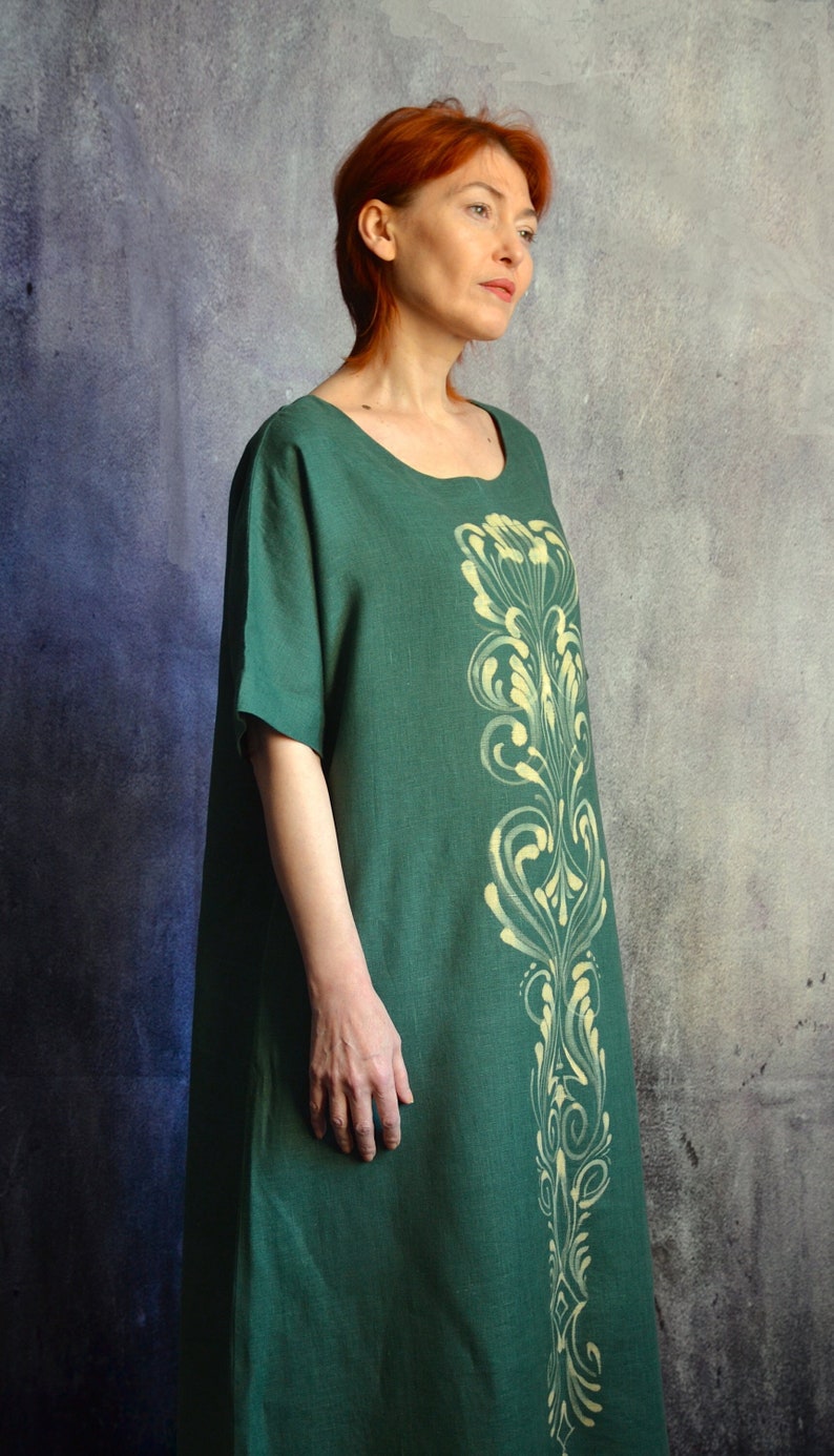 Linen dress with flowers.Emerald linen dress.Linen boho designer dress. zdjęcie 1