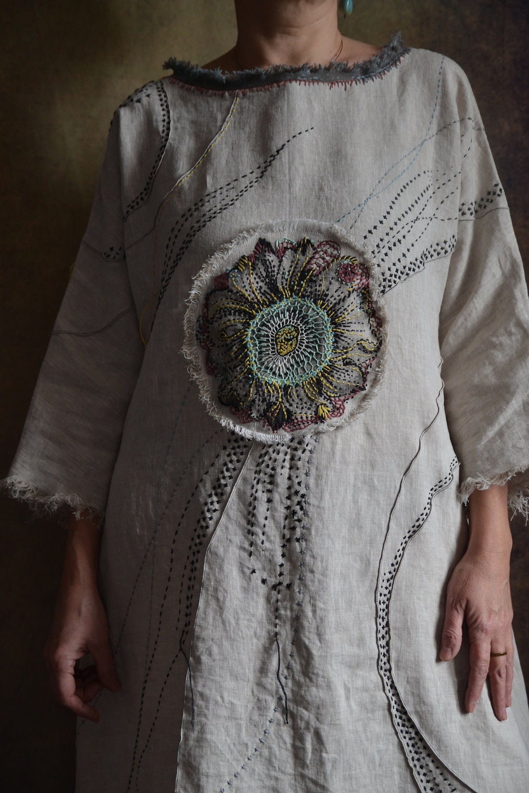 Japanese Collection. Designer Linen Dress .hand Made Embroidered Linen