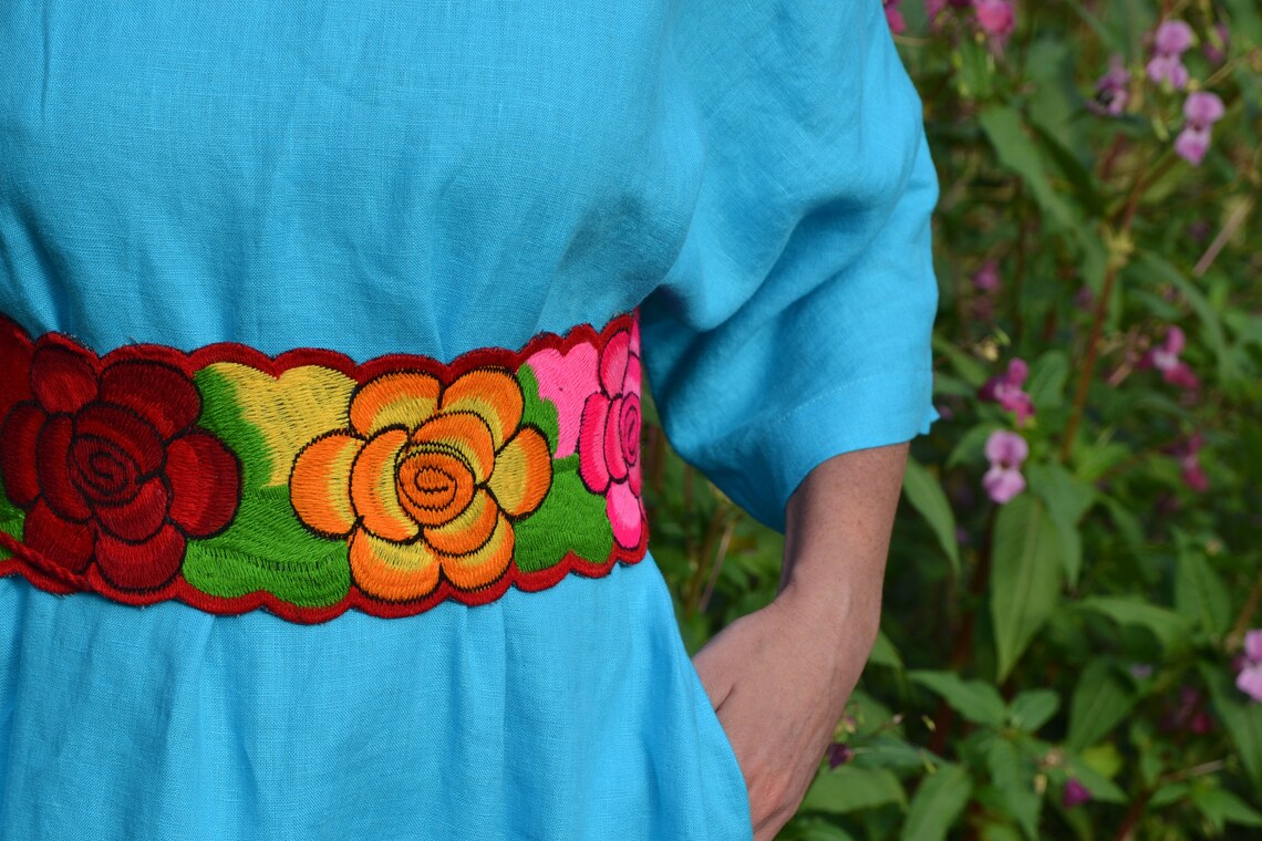 Linen Dress With Mexican Belt.mexican Collection.embroidered Etsy