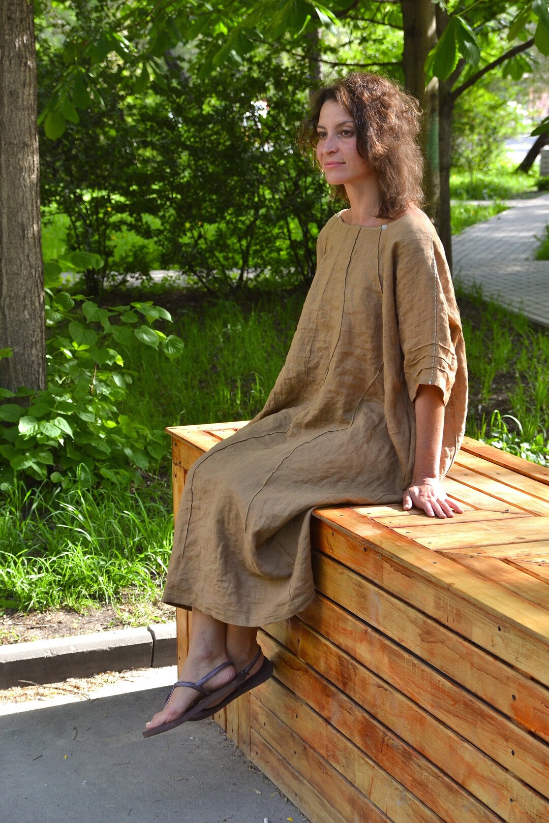 Embroidered Linen Dress - Cornflower / Beige