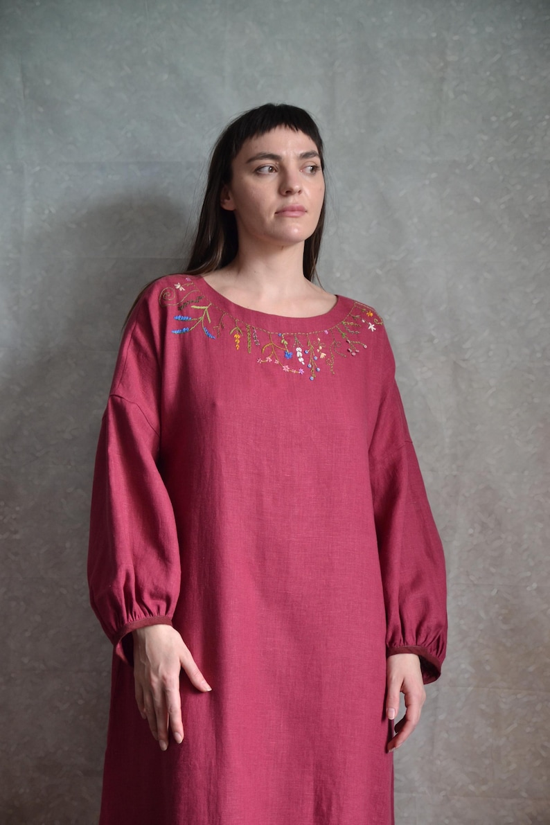 Berry Linen Maxi Dress | Hand-embroidered Wildflowers, Puff Sleeves ...
