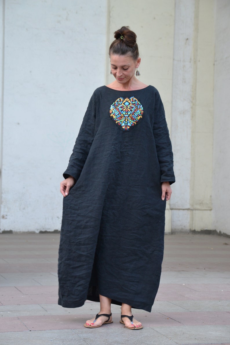 Moroccan dress.Embroidered linen dress.Linen boho designer dress. image 3
