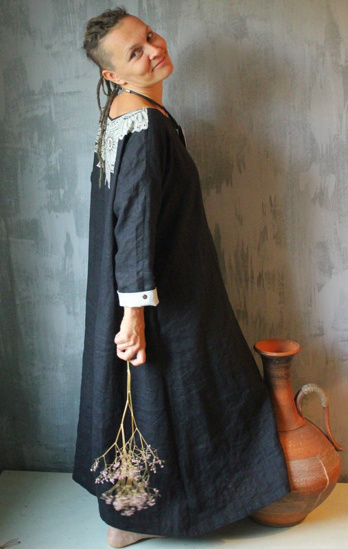 Linen Dress With Decor.black With Flower.boho Linen Dress | Etsy