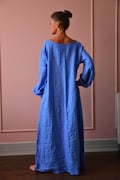Long Linen dress.Bright blue with sleeves.Custom length.Cornflower boho linen dress product logo