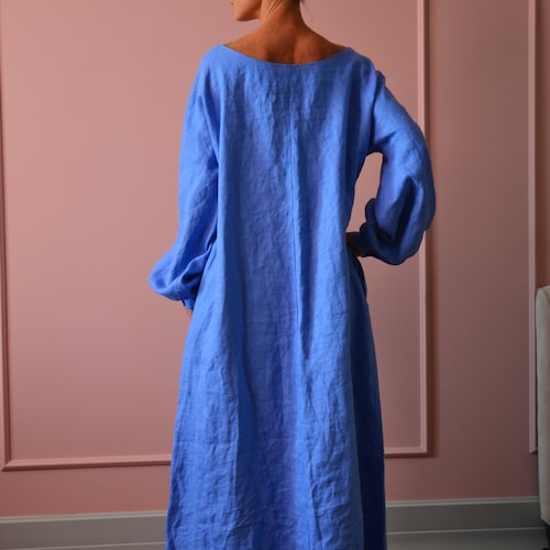 Long Linen Dress.bright Blue With Sleeves.custom - Etsy