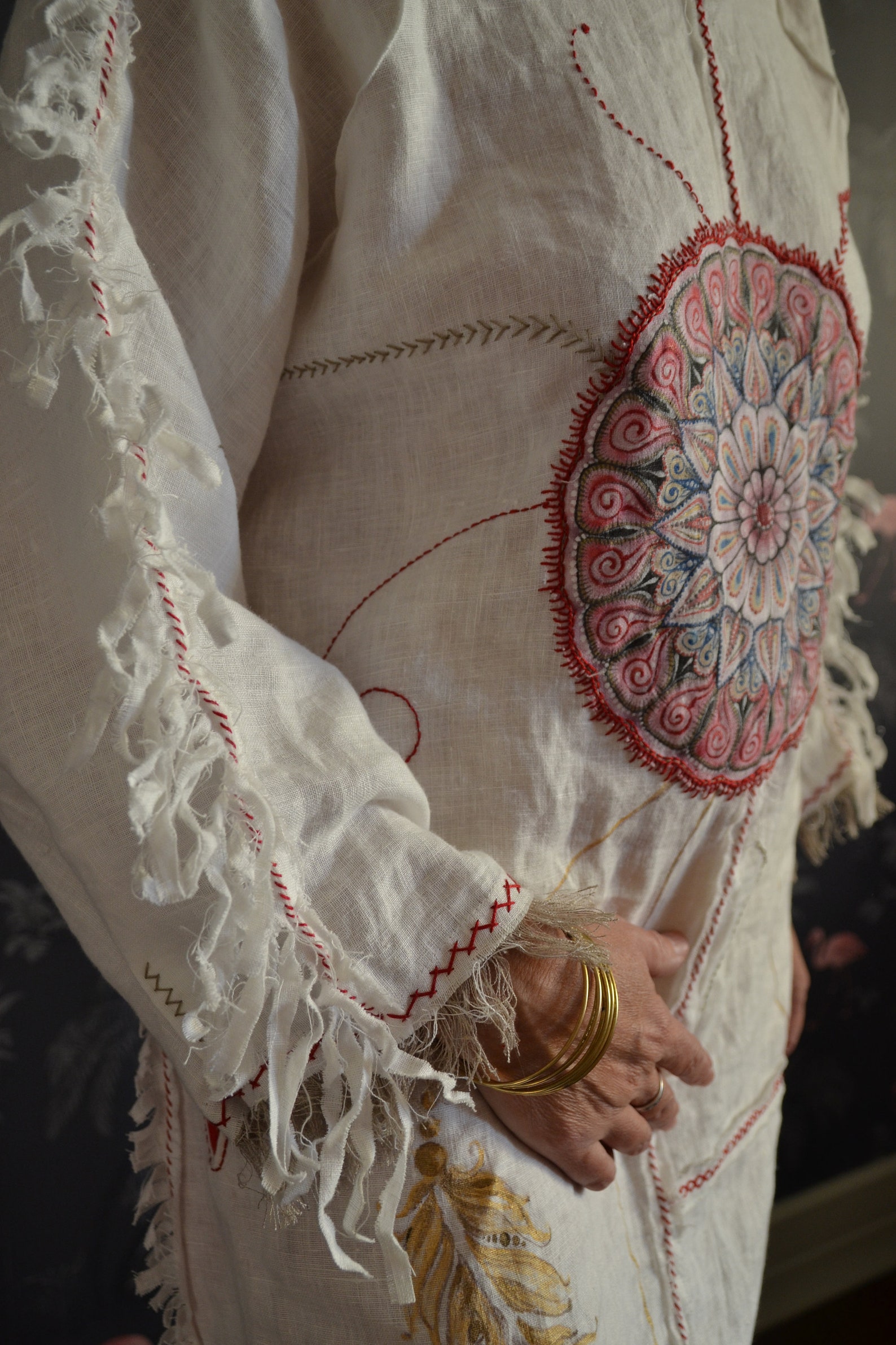 Vintage white linen dress embroidery size m