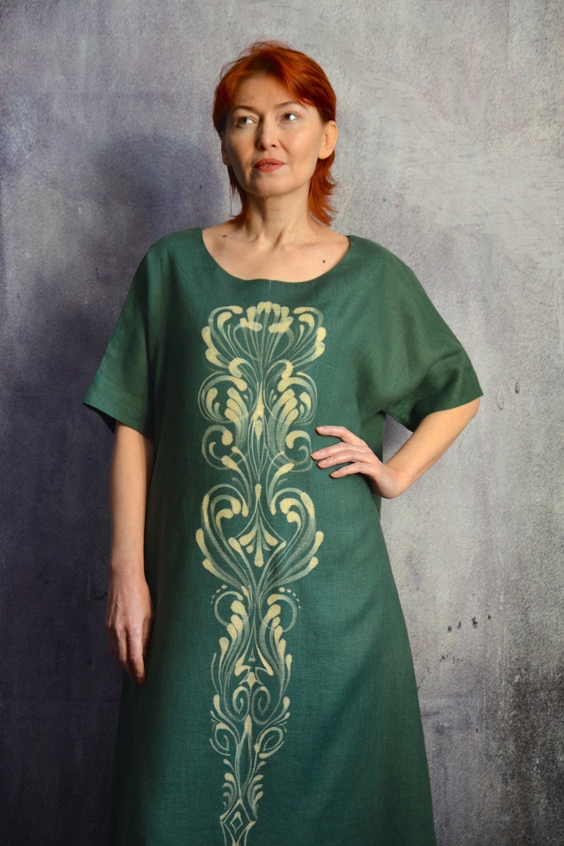 Linen dress with flowers.Emerald linen dress.Linen boho designer dress. zdjęcie 2