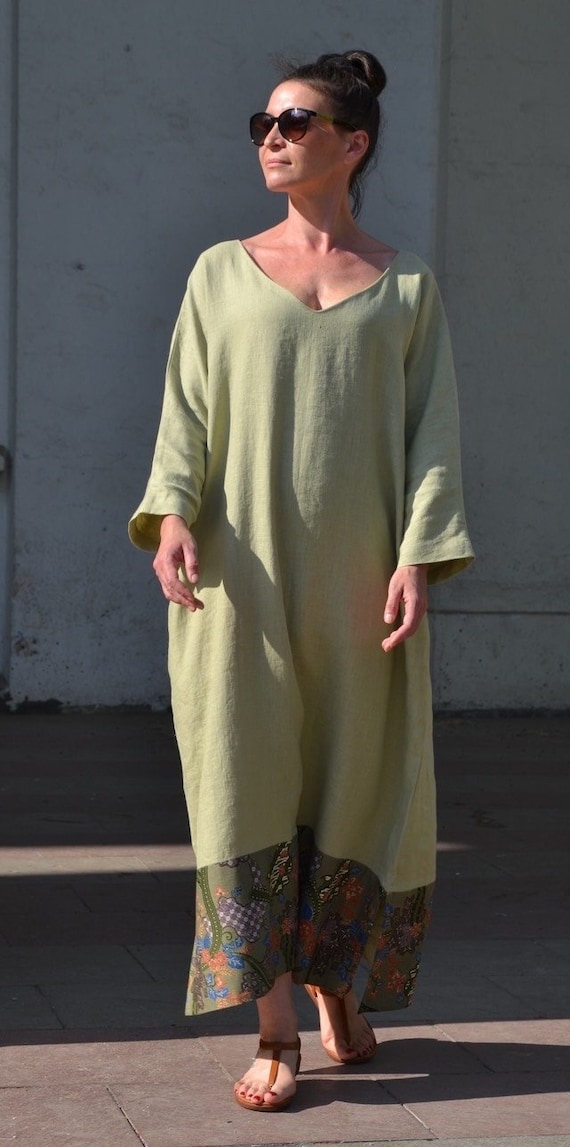 Pistachio Linen Dress: Batik Detail, Boho Designer Style