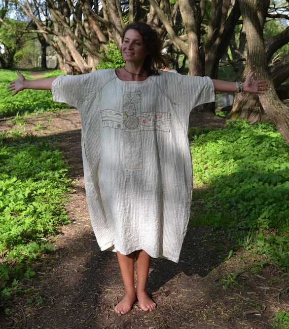 designer linen dress Handmade Oversize Linen Dress with Embroidered Flowers | Soft Striped Designer Dress