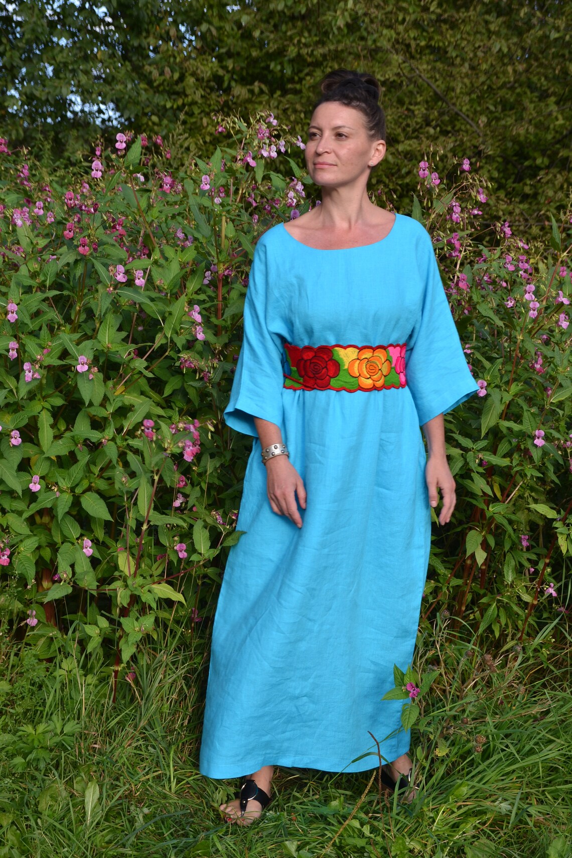 Linen Dress With Mexican Belt.mexican Collection.embroidered Etsy
