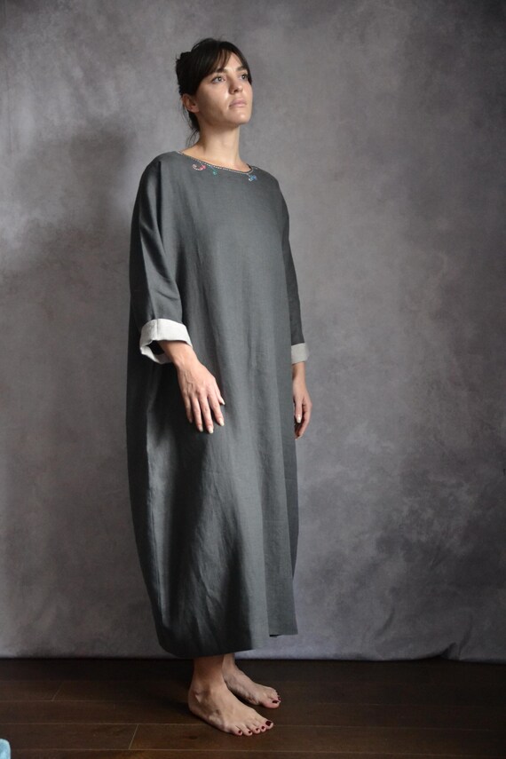 Modern Casual Japanese Long Sleeve Dress Esme Linen Maxi Dress: Flared  Bohemian Long Dress With Belt