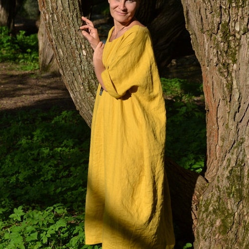 Shops Boho linen dress.Honey yellow color.Plus size linen dress.More color