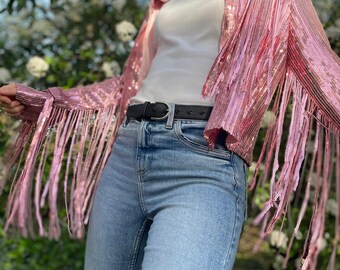 Chaqueta rosa de lentejuelas: flecos de borlas para fiestas