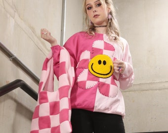 90s Fun Kawaii Pink Checkerboard Flower Smiley Sweatshirt | Festival Hangover