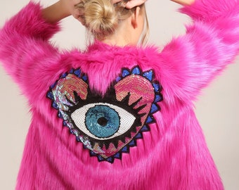 Embellished Fuchsia Pink Faux Fur Evil Eye Jacket | Party