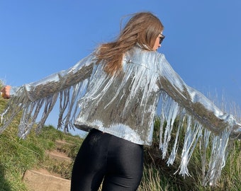 Silver Tassel Fringed Festival Jacket | Glitter Sequins | Disco Party Rave Outfit | Pride