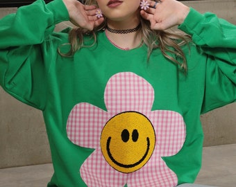 Y2K Green Pink Gingham Smiley Face Flower Sweatshirt | Festival Hangover