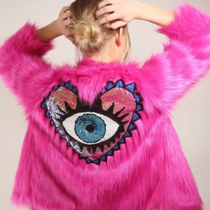 Embellished Fuchsia Pink Faux Fur Evil Eye Jacket | Party | Handmade | Festival Coachella