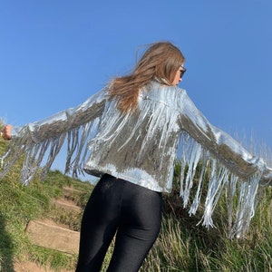 Silver Tassel Fringed Jacket Glitter Sparkly Sequins Christmas Disco Party Rave Outfit Festive image 1