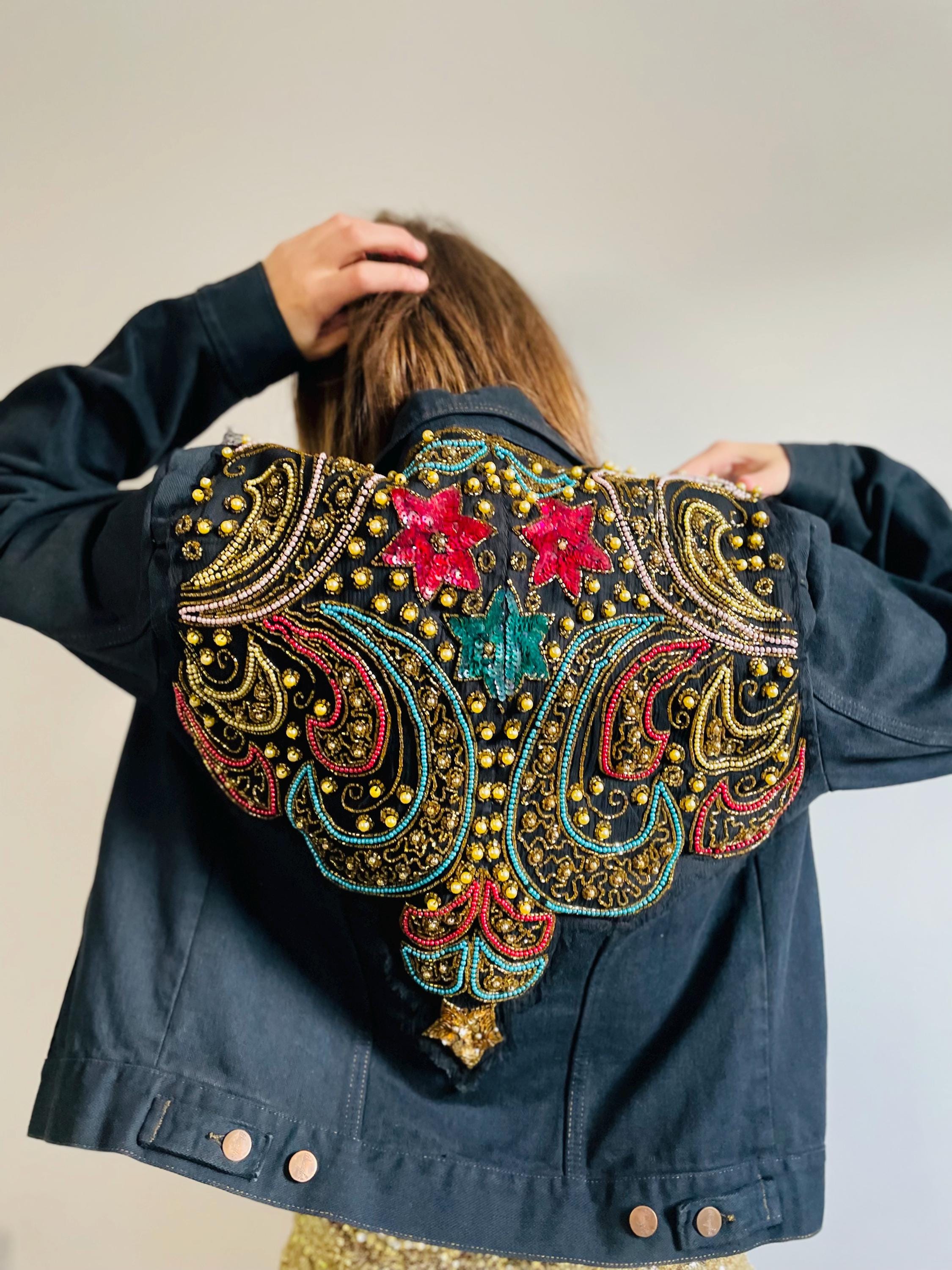Vintage Reworked Black Denim Jacket: Cosmic Celestial Beads - Etsy