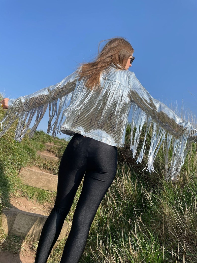 Silver Tassel Fringed Jacket Glitter Sparkly Sequins Christmas Disco Party Rave Outfit Festive image 1