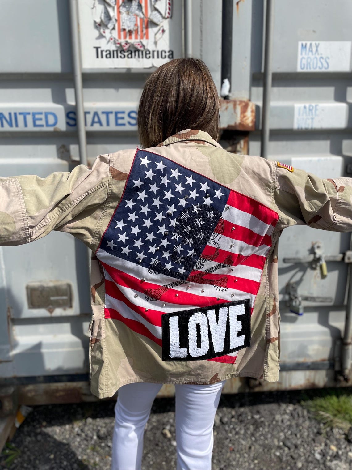 Reworked USA Flag Army Jacket: Studded Rhinestone Skull Stars Stripes ...